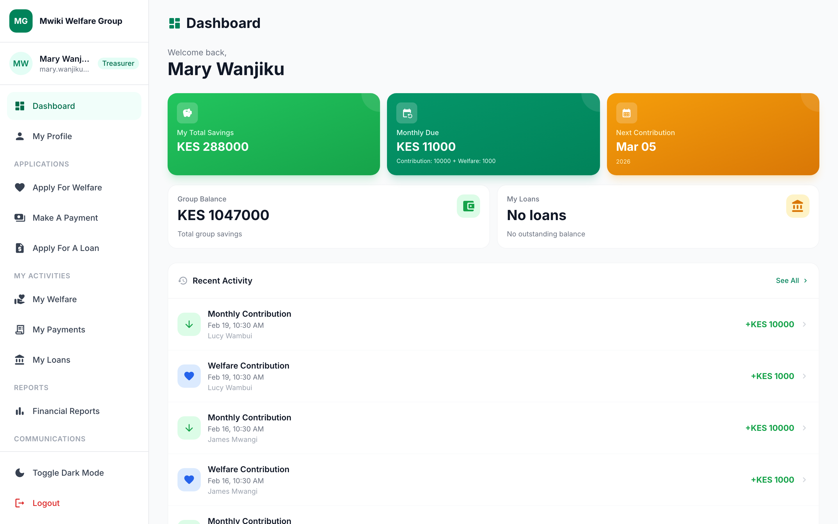 MyChama.app dashboard — light mode